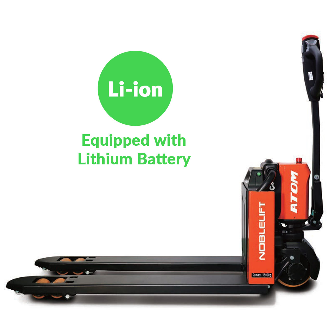 ATOM 28 Electric Pallet Jack is equipped with a lithium battery