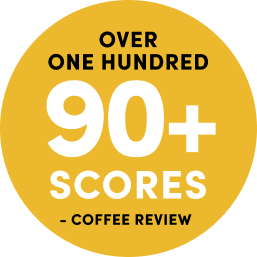 Yellow Circle with text says 'Over One Hundred 90+ scores' - Coffee Review. Links to Coffee Reviews results page for Bird Rock Coffee Roasters