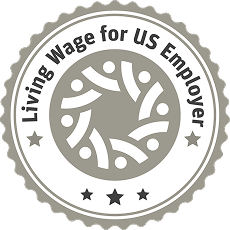 Circular Badge Logo that has the text 'Living Wage for US Employe'