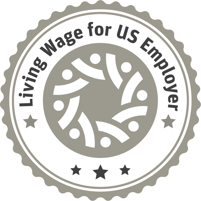 Circular Badge Logo that has the text 'Living Wage for US Employe'