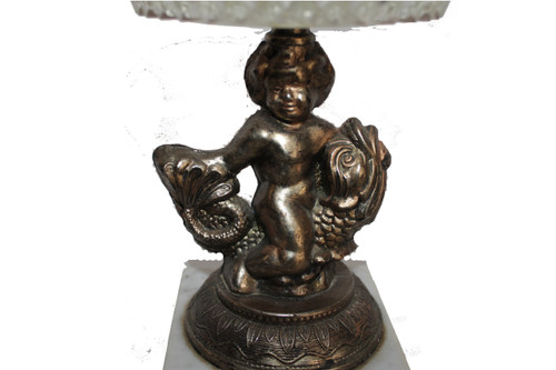 Vintage Crystal Candy Dish with Marble Base and Brass Cherub Riding a Fish