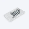 Clear open-end poly bag containing metal bolts and fasteners.