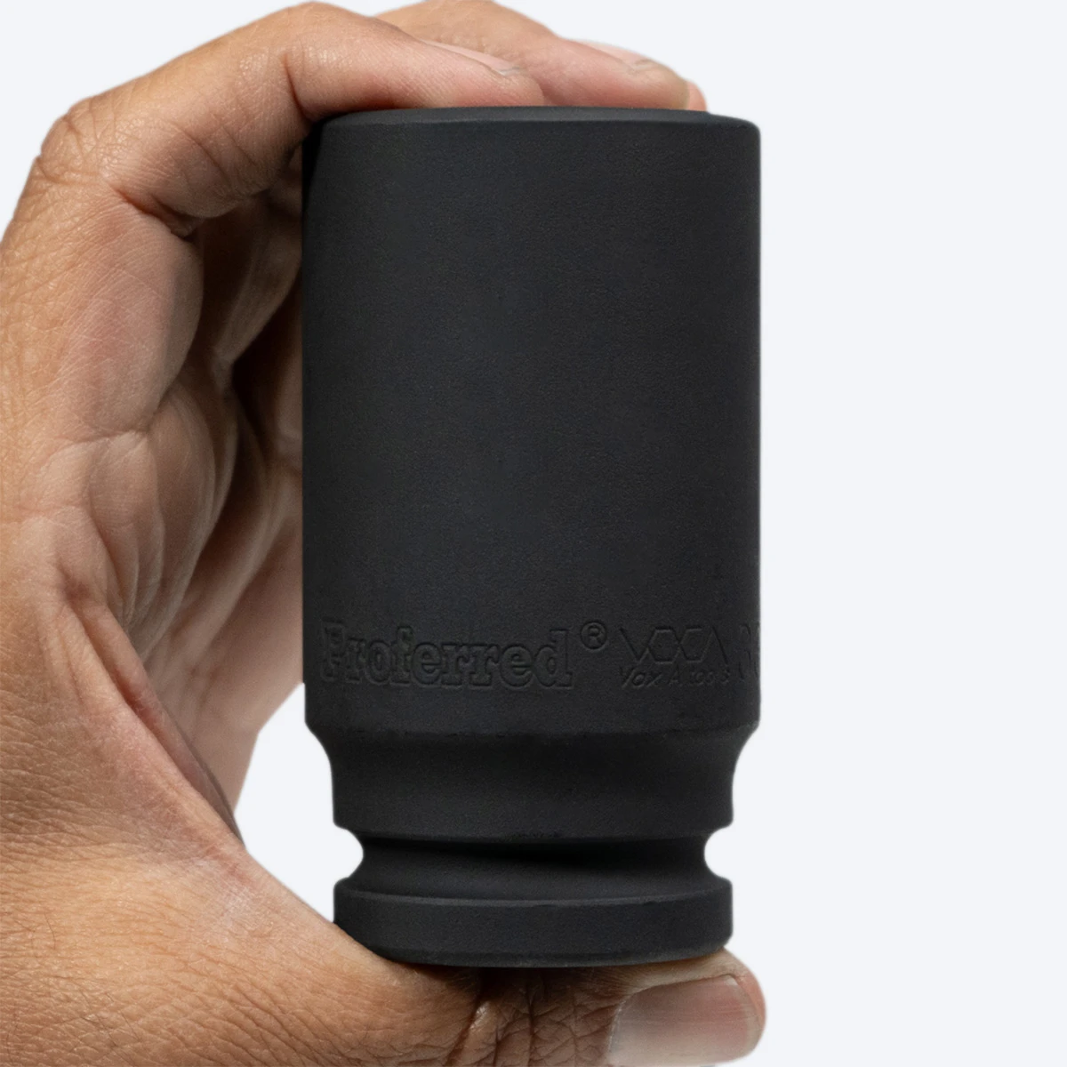 Proferred 3/4" Drive SAE 6-Point Deep Impact Socket held in hand showing socket length and black finish
