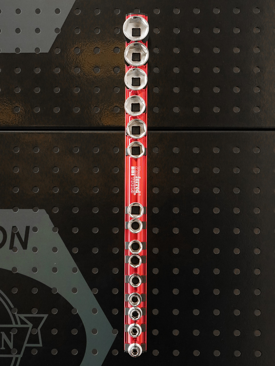 Proferred Magnetic Aluminum Socket Rail S49101 front view with sockets mounted on pegboard