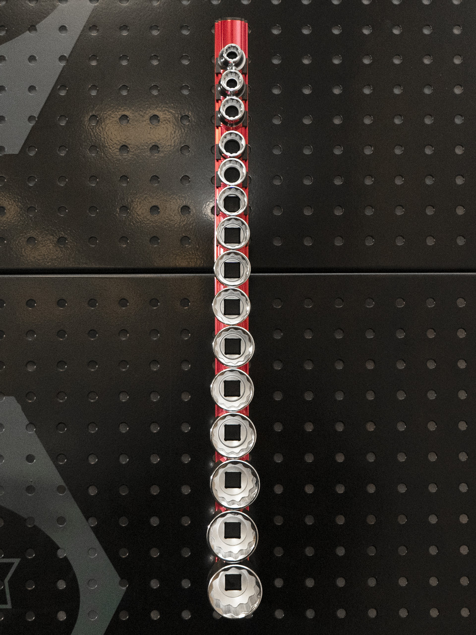Proferred Magnetic Aluminum Socket Rail S49201 front view with sockets mounted on pegboard