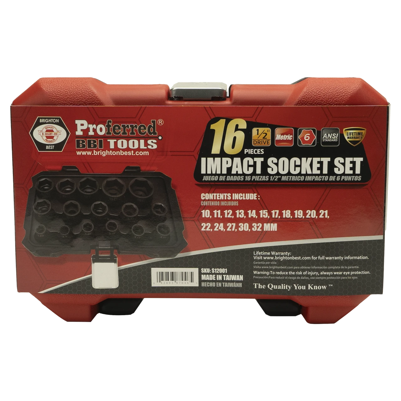 Proferred 1/2" Drive Metric 6-Point Standard Impact Socket Set – 16 Piece in retail packaging