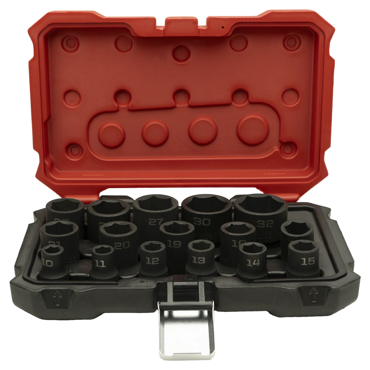 Proferred 1/2" Drive Metric 6-Point Standard Impact Socket Set – 16 Piece arranged in open red storage case
