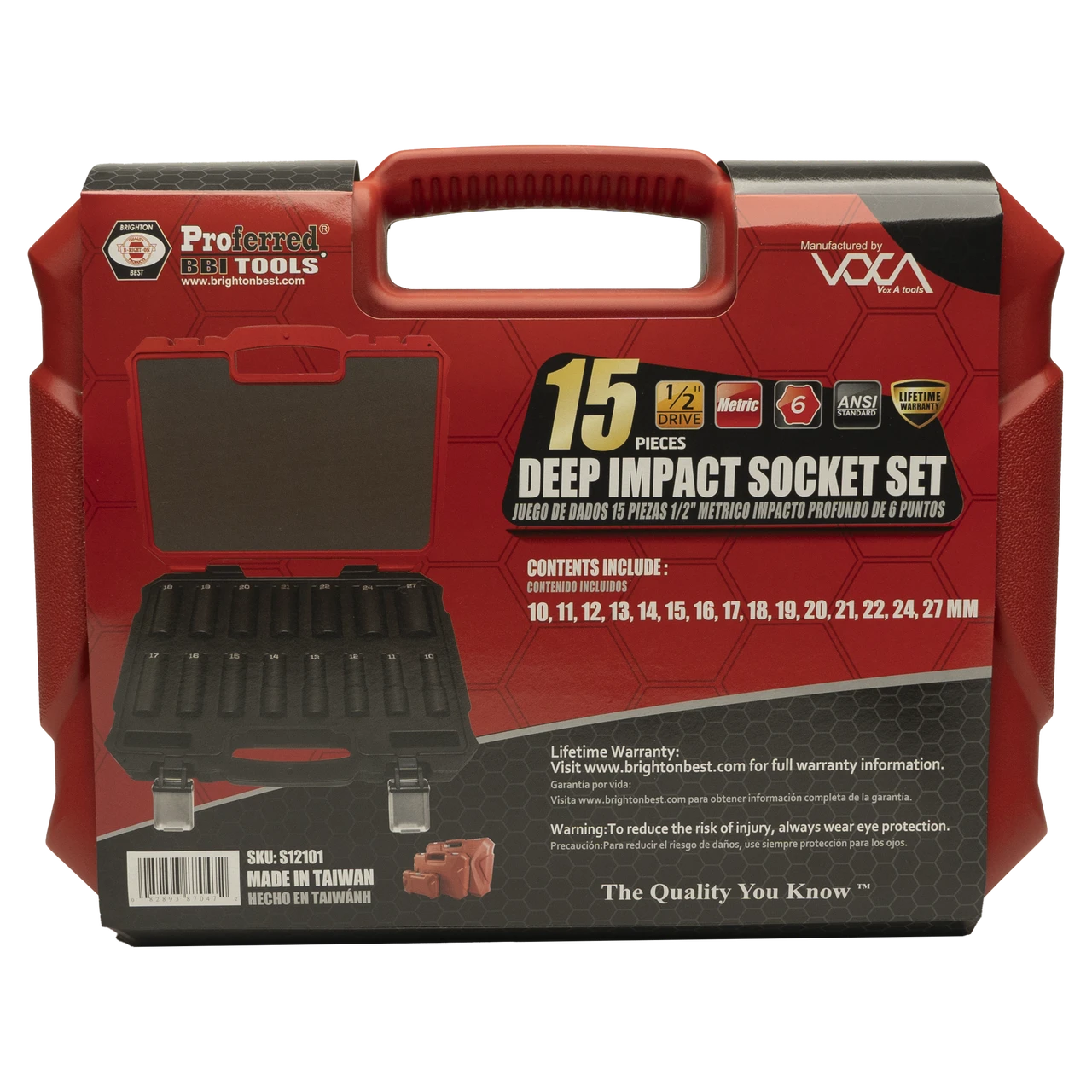 Proferred 1/2" Drive Metric 6-Point Deep Impact Socket Set – 15 Piece in retail packaging