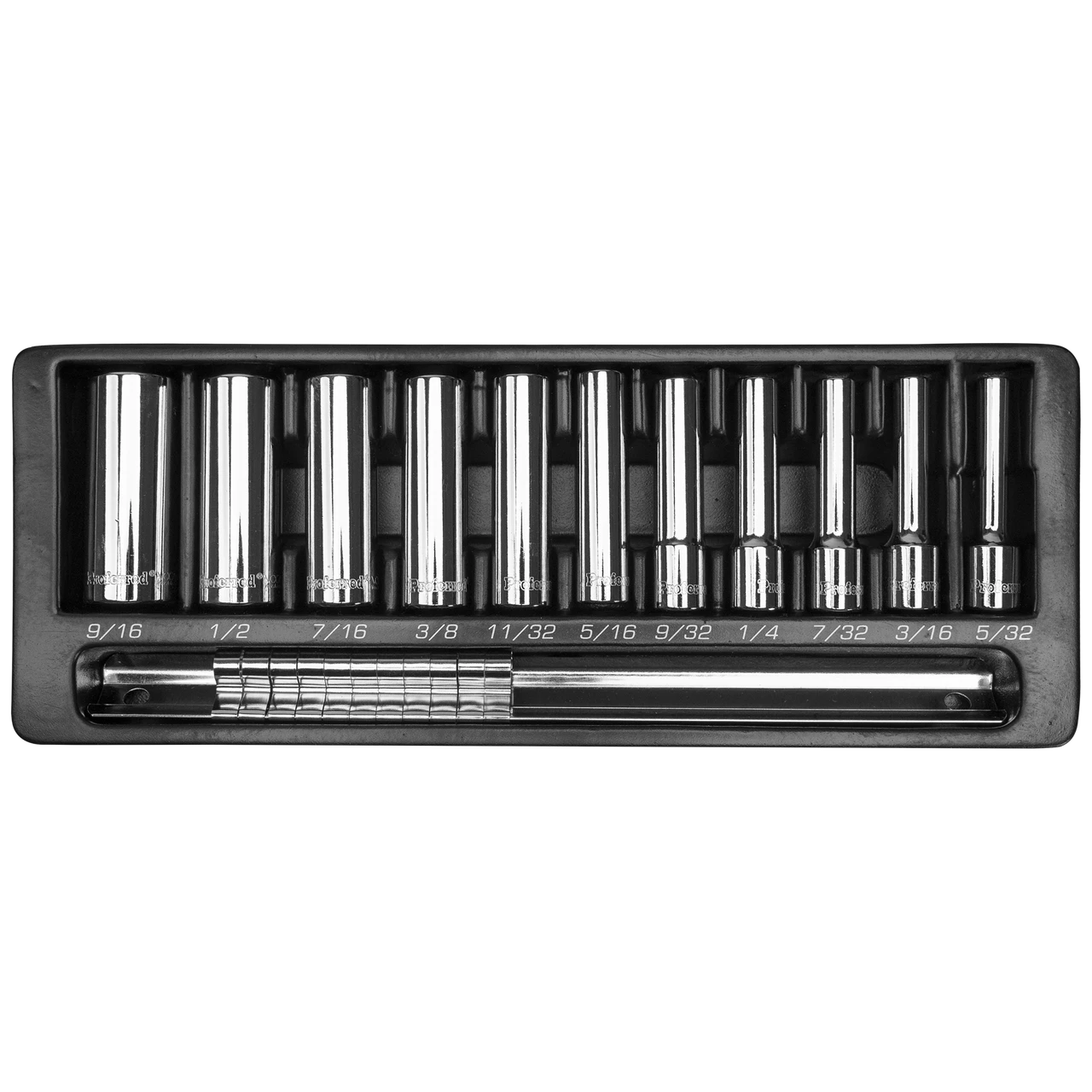 Proferred 1/4" Drive SAE 6-Point Deep Socket Set – 11 Piece displayed in storage tray