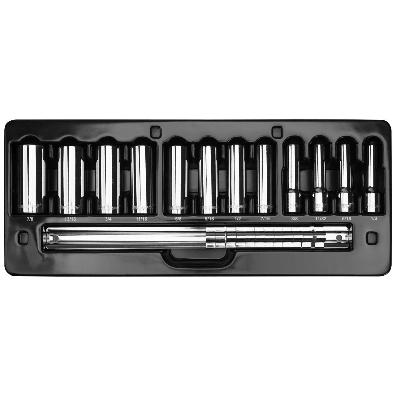 Proferred 3/8" Drive SAE 12-Point Deep Socket Set – 12 Piece displayed in storage tray