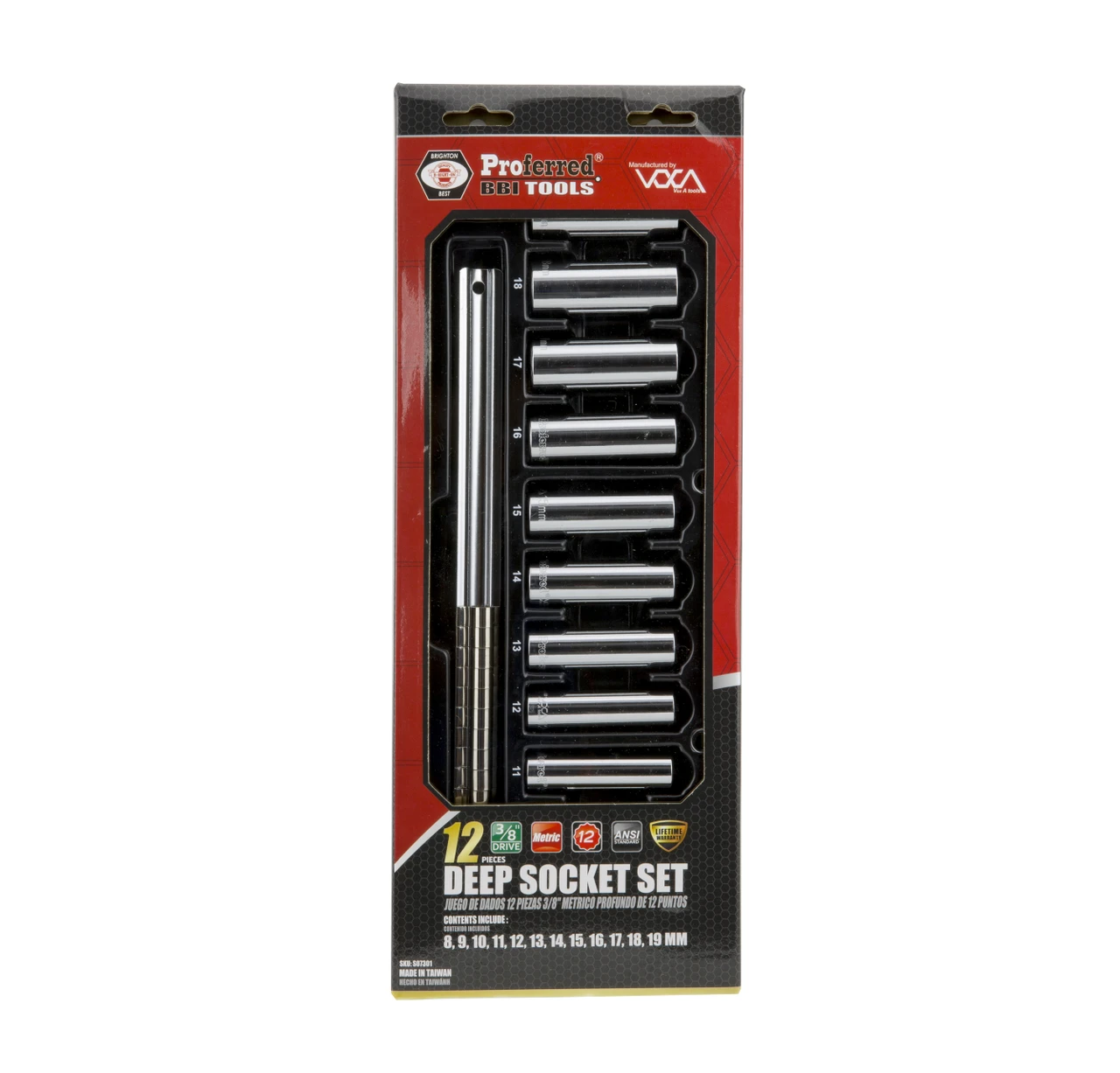 Proferred 3/8" Drive Metric 12-Point Deep Socket Set – 12 Piece in retail packaging