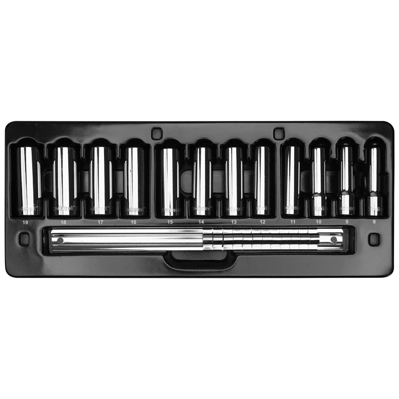 Proferred 3/8" Drive Metric 12-Point Deep Socket Set – 12 Piece displayed in storage tray