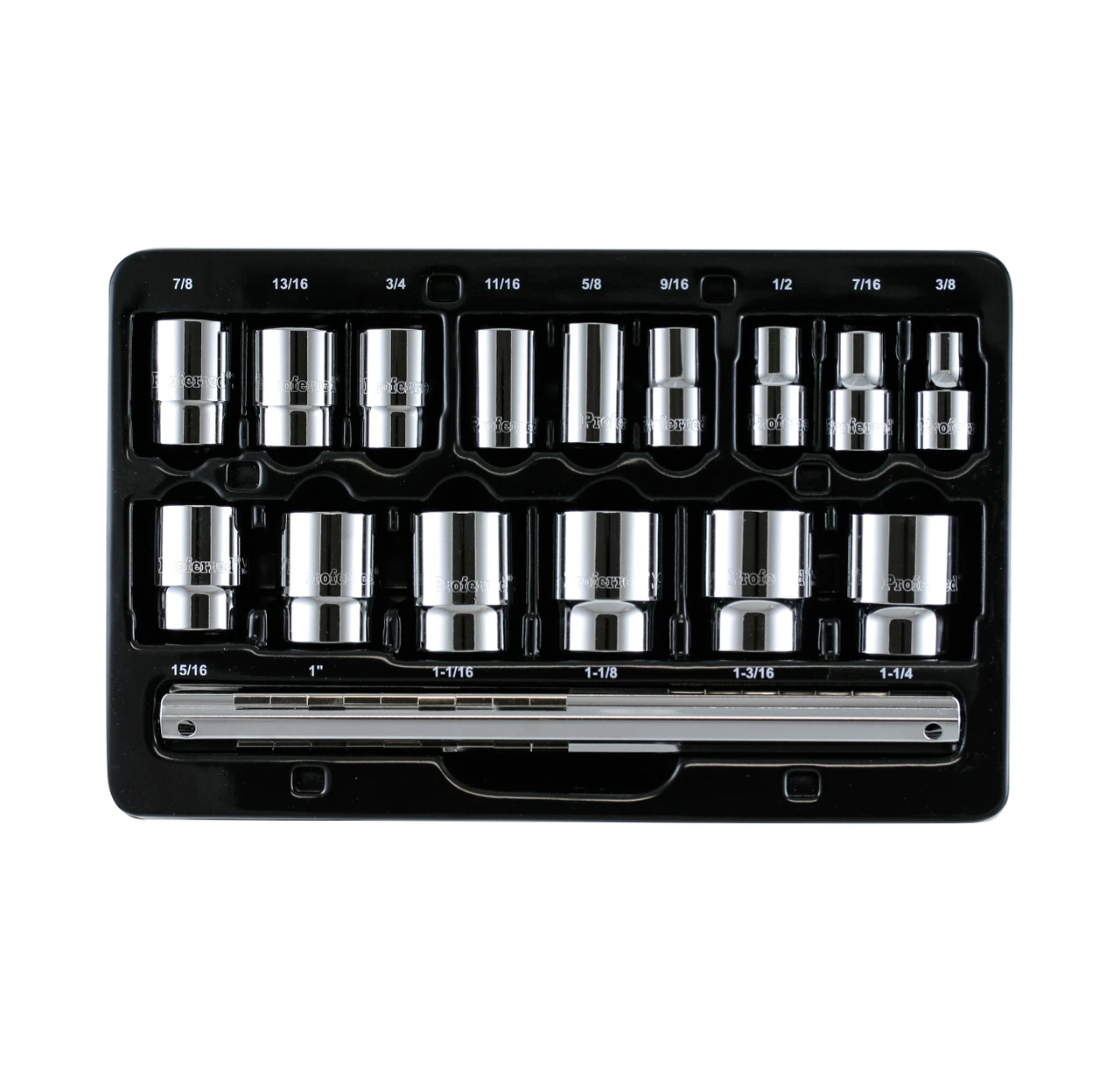 Proferred 1/2" Drive SAE 12-Point Standard Socket Set – 15 Piece displayed in storage tray