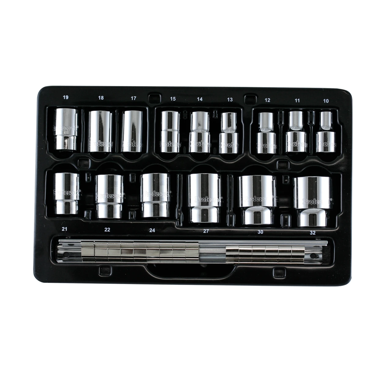 Proferred 1/2" Drive Metric 12-Point Standard Socket Set – 15 Piece displayed in storage tray