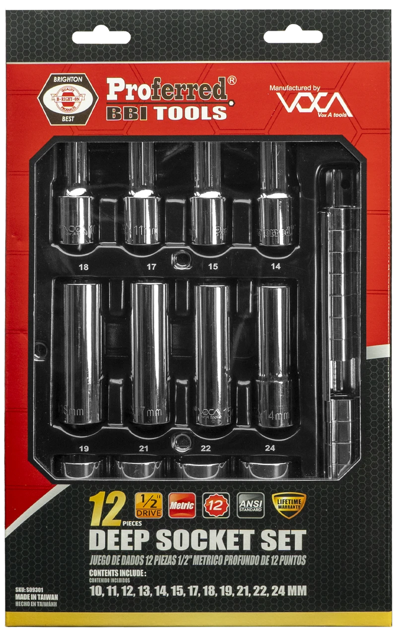 Proferred 1/2" Drive Metric 12-Point Deep Socket Set – 12 Piece with polished chrome sockets arranged on a wooden workbench