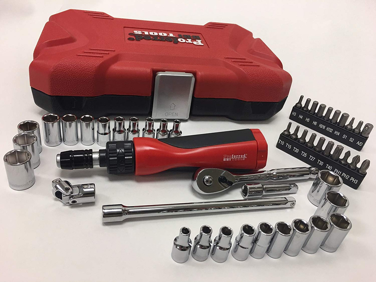Proferred 1/4" Drive SAE & Metric 6-Point Standard Master Socket Set – 48 Piece with sockets, ratchet, screwdriver and bits