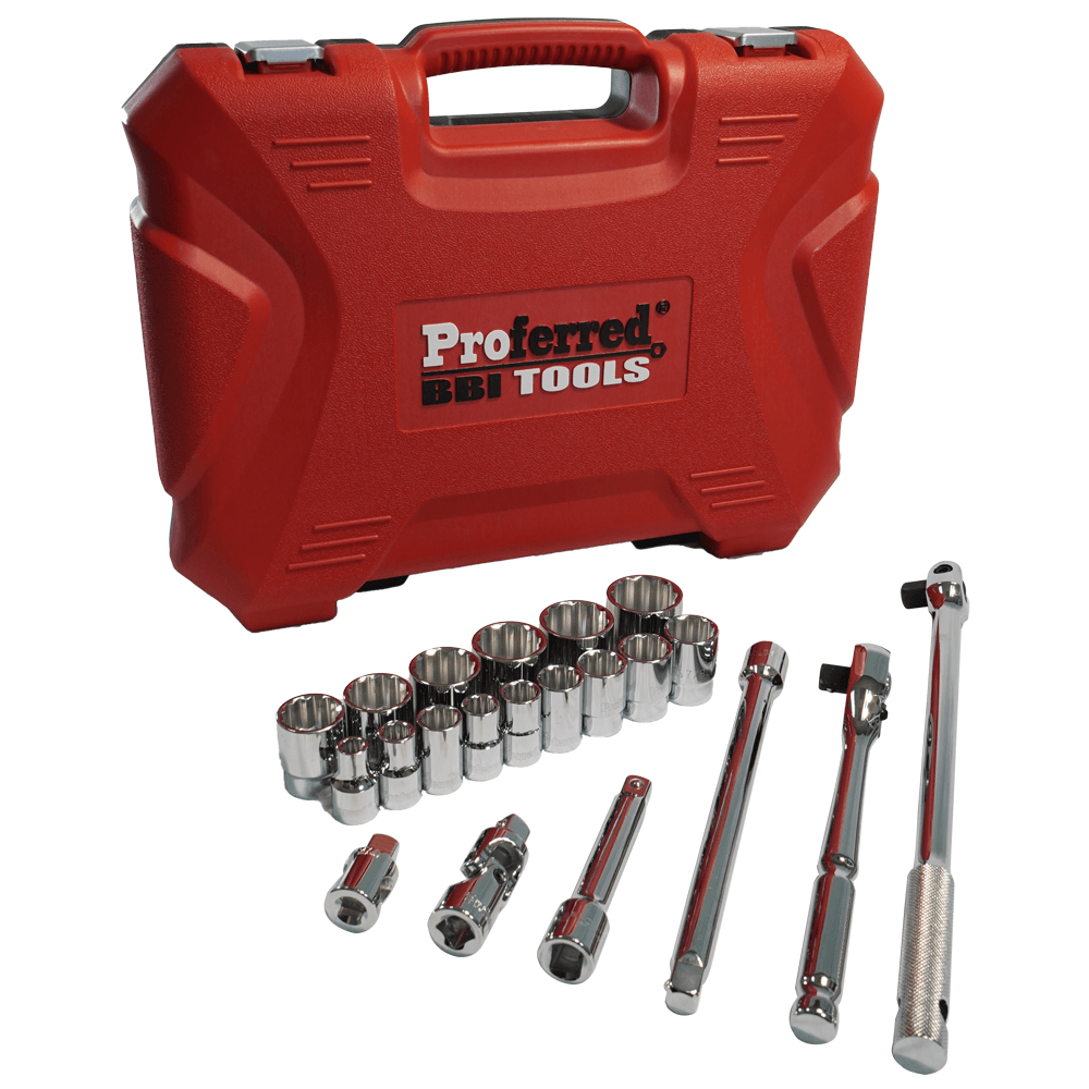 Proferred 1/2" Drive SAE 12-Point Standard Socket Master Set – 21 Piece with red carrying case and polished chrome sockets