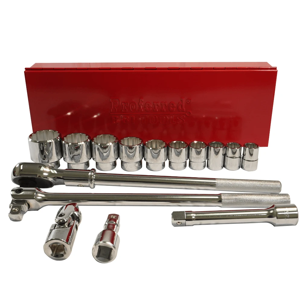 Proferred 3/4" Drive SAE 12-Point Standard Socket Master Set – 15 Piece with polished chrome sockets and red metal storage case
