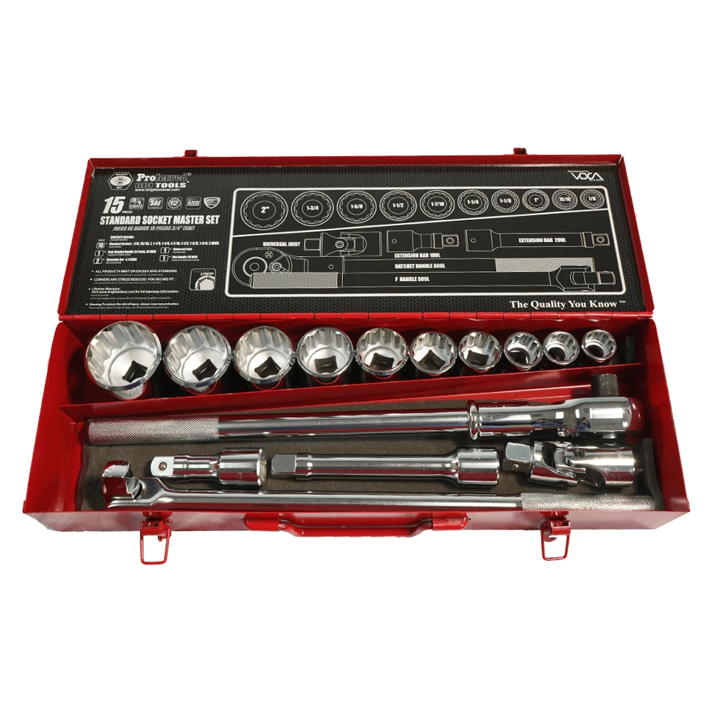 Proferred 3/4" Drive SAE 12-Point Standard Socket Master Set – 15 Piece displayed in open red metal storage case
