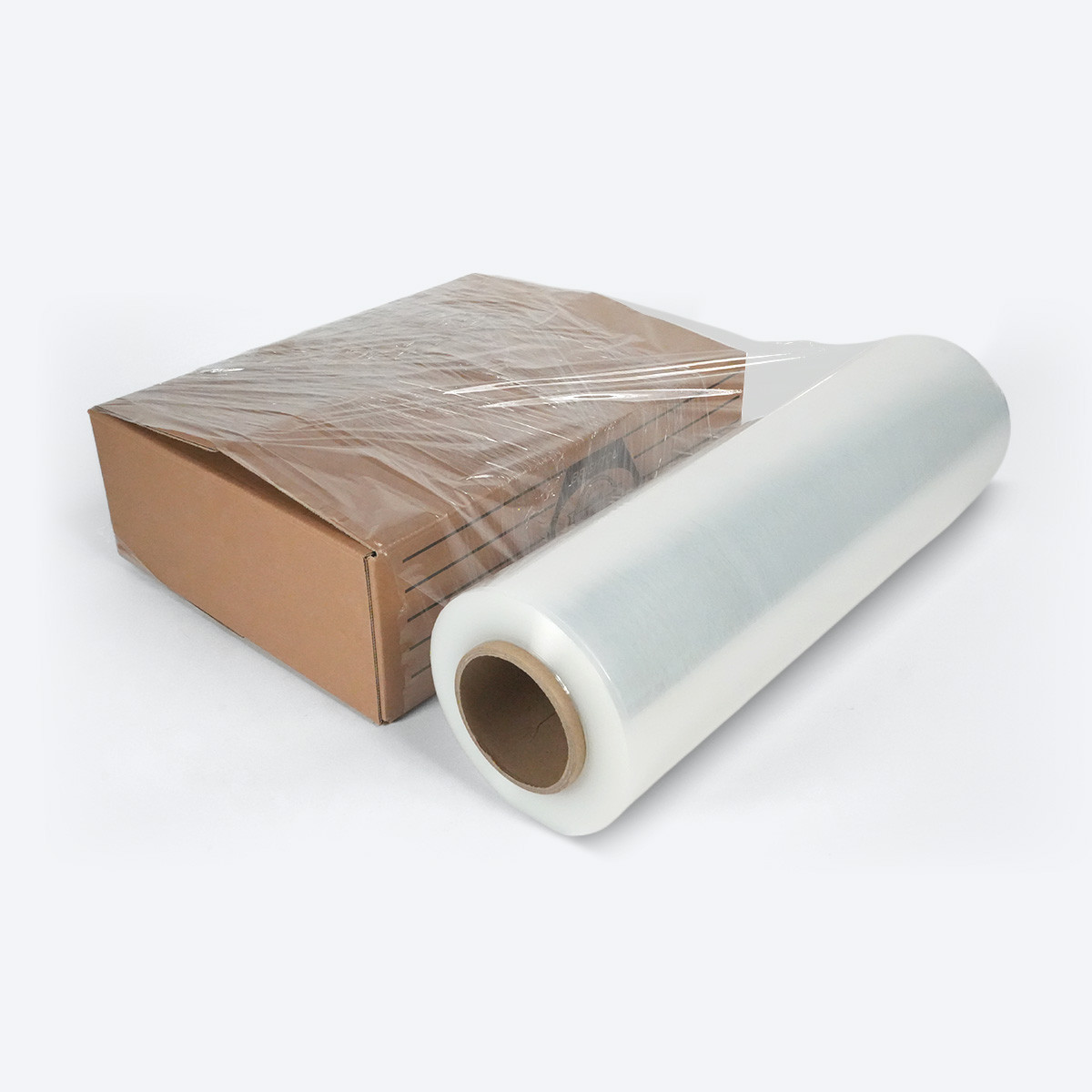 Proferred 18" 80 Gauge Hand Stretch Film shown with a wrapped cardboard shipping box