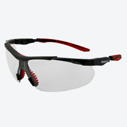 Proferred Flex Wraparound Safety Glasses with clear anti-scratch lenses, black and red temples, and soft brow guard