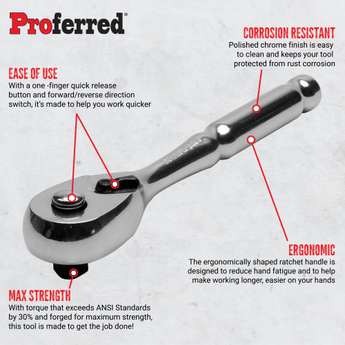 Proferred Pear Ratchet Handle showing ratchet head, quick release button and handle features