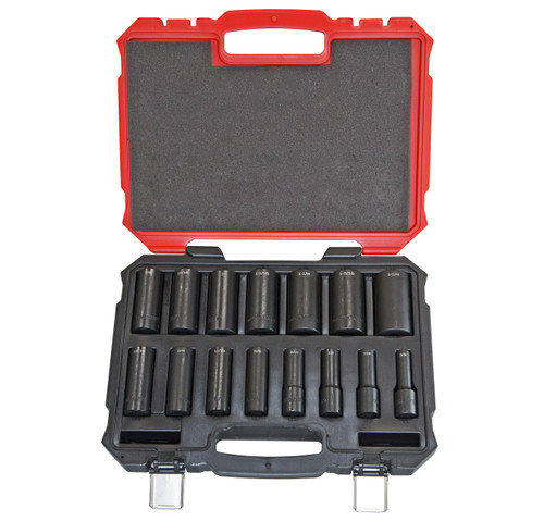 Proferred 1/2" Drive SAE 6-Point Deep Impact Socket Set – 15 Piece displayed in open red carrying case