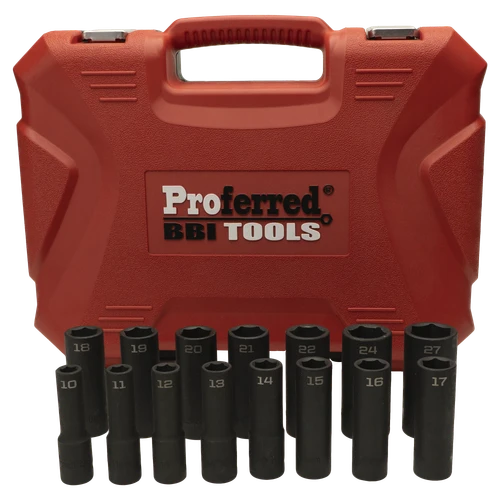Proferred 1/2" Drive Metric 6-Point Deep Impact Socket Set – 15 Piece with black impact sockets displayed in front of red storage case