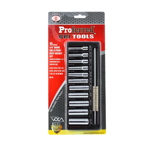 Proferred 1/4" Drive SAE 6-Point Deep Socket Set – 11 Piece in retail packaging