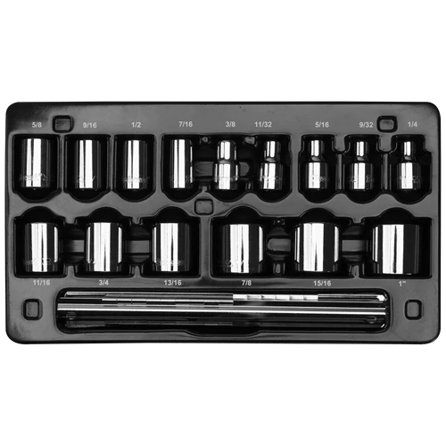 Proferred 3/8" Drive SAE 6-Point Standard Socket Set – 15 Piece displayed in storage tray