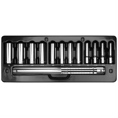 Proferred 3/8" Drive SAE 12-Point Deep Socket Set – 12 Piece displayed in storage tray