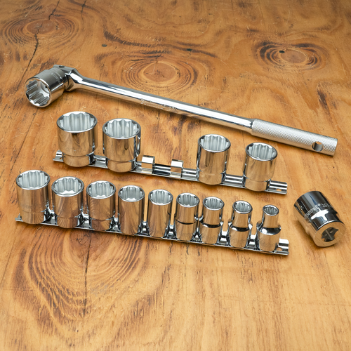 Proferred 1/2" Drive SAE 12-Point Standard Socket Set – 15 Piece with polished chrome sockets arranged on a wooden workbench