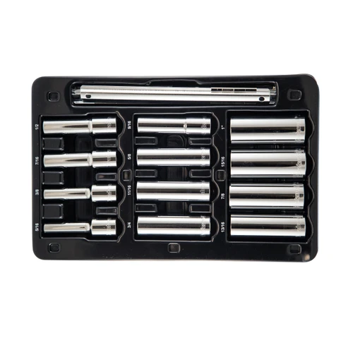 Proferred 1/2" Drive SAE 12-Point Deep Socket Set – 12 Piece displayed in storage tray