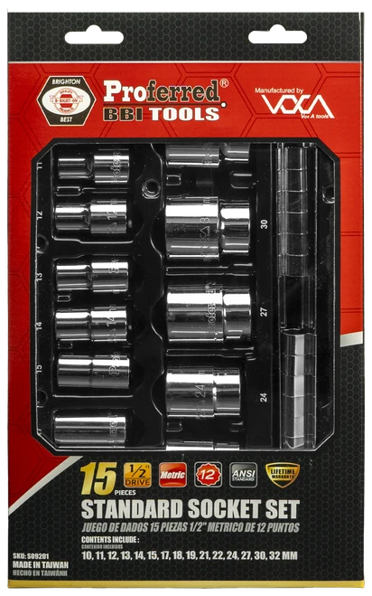 Proferred 1/2" Drive Metric 12-Point Standard Socket Set – 15 Piece in retail packaging