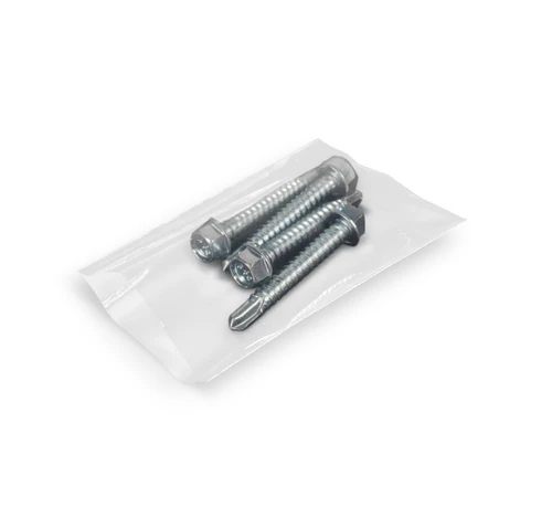 Clear open-end poly bag containing metal bolts and fasteners.