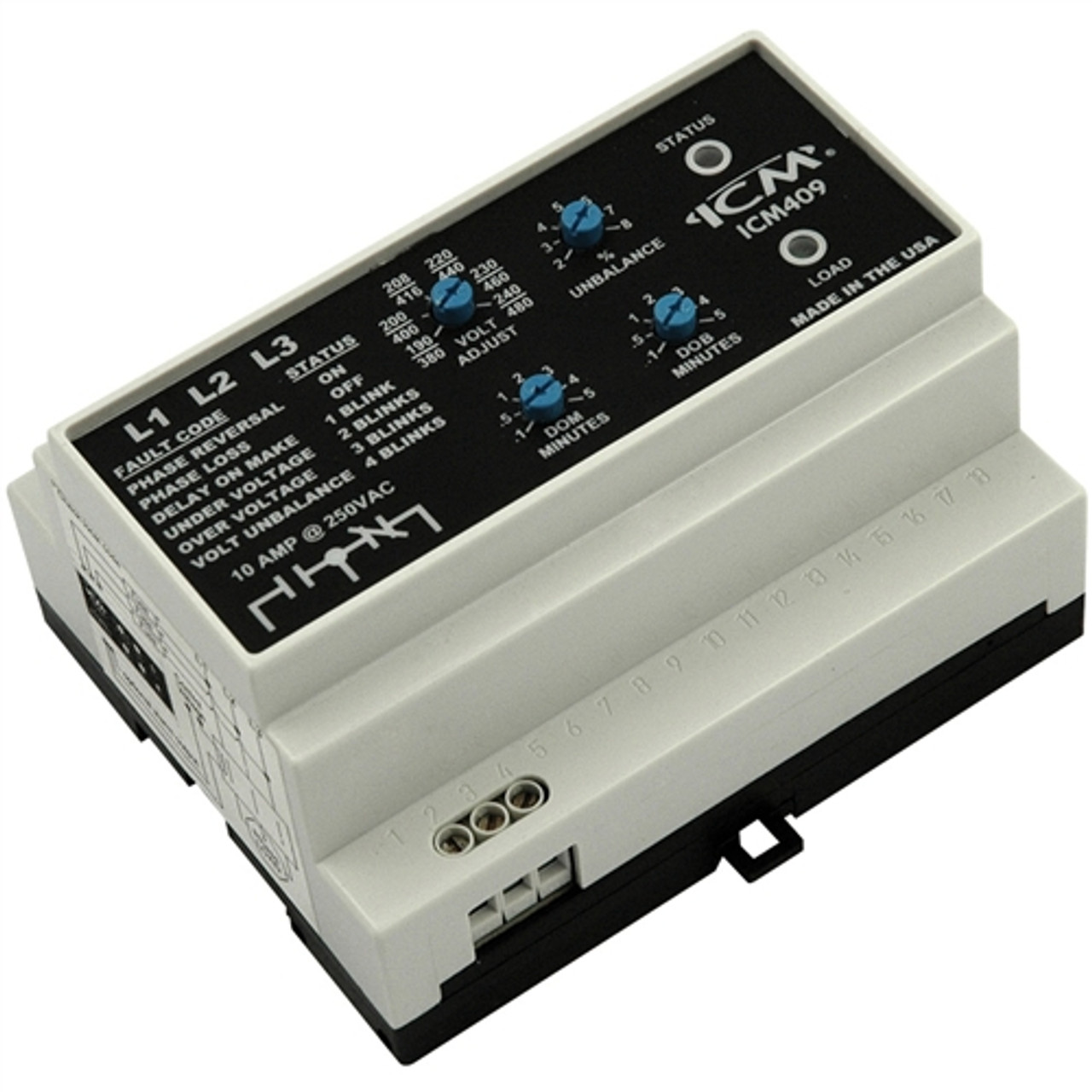 ICM ICM409 3-Phase Monitor, Adjustable 190-480 VAC, DIN rail mount