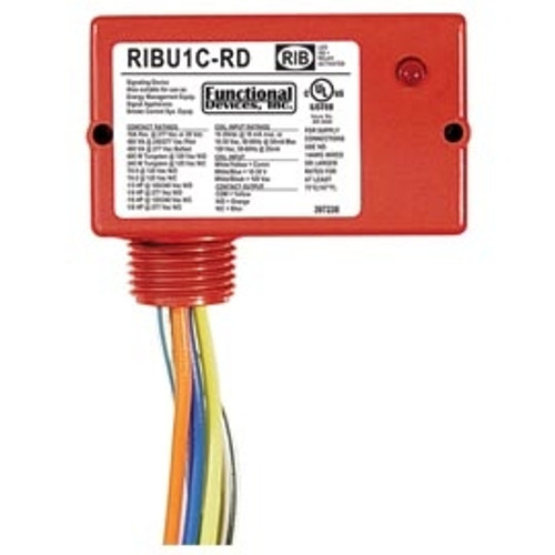 FUNCTIONAL DEVICES FUNRIBU1C-RD Enclosed Relay 10Amp SPDT 10-30Vac/dc/120Vac Red Hsg