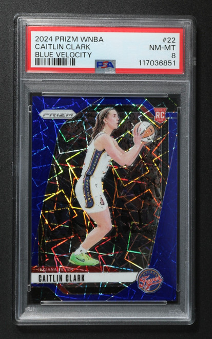 2024 Panini WNBA Prizm Caitlin Clark RC Blue Velocity Rookie #22 Fever PSA 8