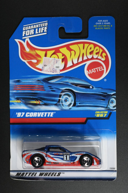 1997 Hot Wheels Blue/White Card #867- 97 Corvette- Blue w/Chrome 5 Spoke Wheels
