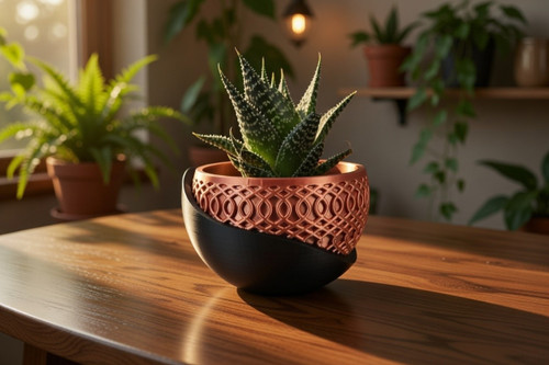 Unique Two-Tone Copper & Black 3D Printed Geometric Lattice Planter Bowl - PLA