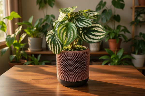 Rose Gold Silk PLA 3D Printed Modern Planter Pot - Black Base Geometric Mesh