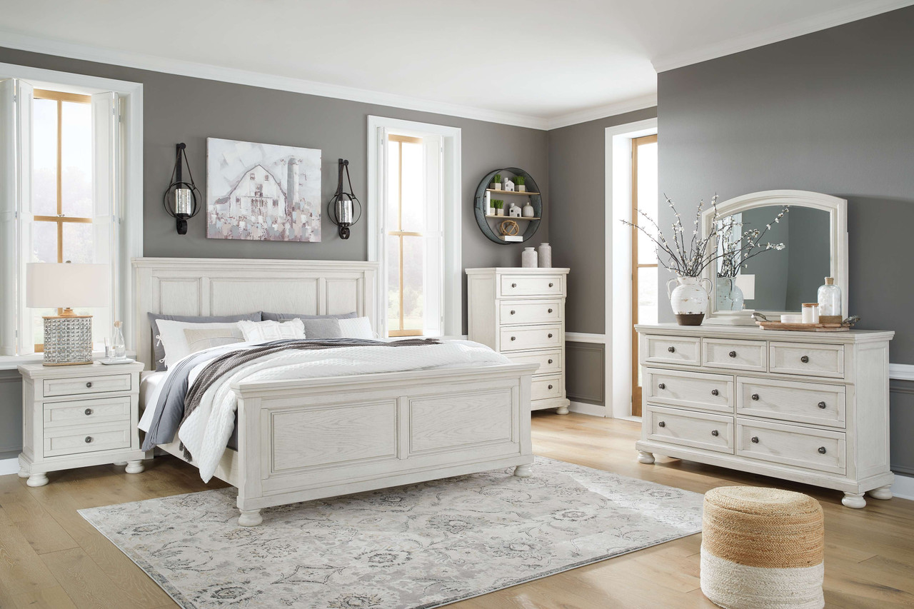 The Robbinsdale Antique White 5 Pc. Dresser, Mirror, King Panel Bed  available at Wier Furniture serving Lewistown, MT and surrounding areas.