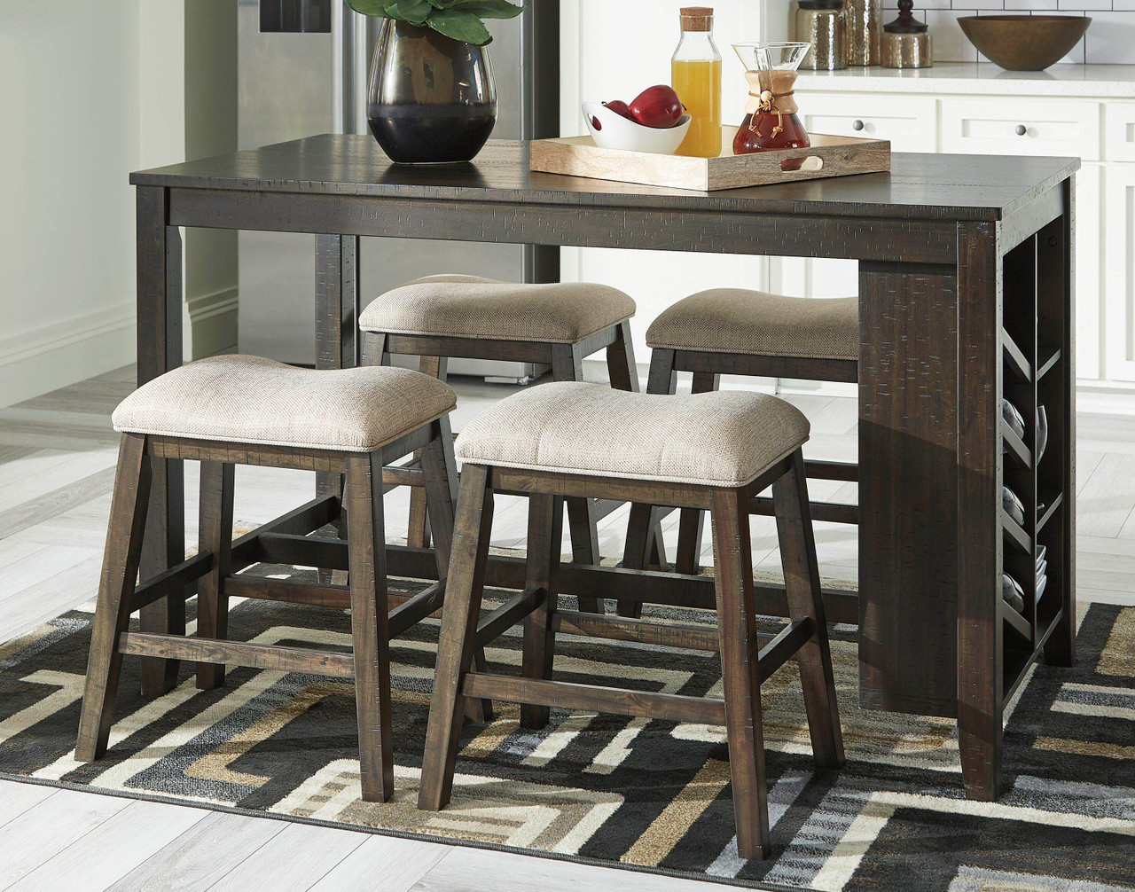 The Rokane Brown Counter Table, Upholstered Stools