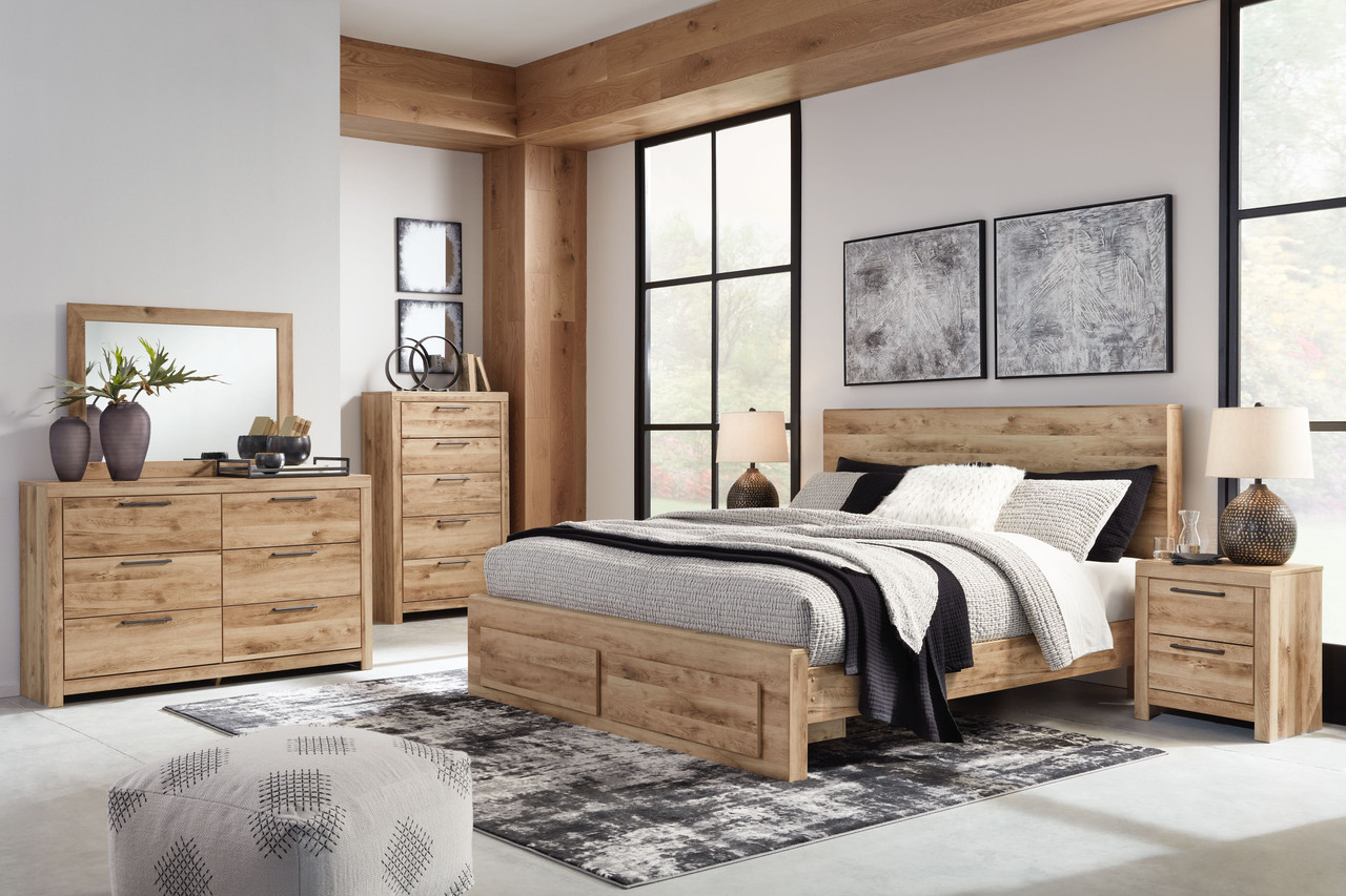 The Hyanna Tan 9 Pc. Dresser, Mirror, Chest, King Panel Bed With Footboard  Storage, 2 Nightstands available at Wier Furniture serving Lewistown, MT  and surrounding areas.