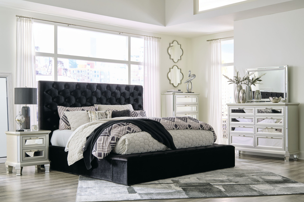 black bed white dresser The Lindenfield 6 Pc. Dresser, Mirror, Chest, California King Upholstered With Storage available at Wier Furniture serving Lewistown, MT and surrounding areas Size:L / 8