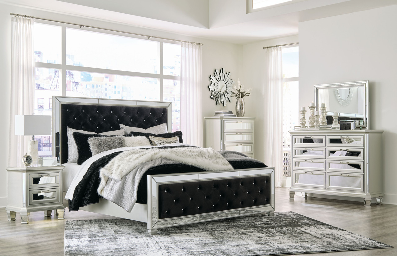 The Lindenfield Black / Silver 7 Pc. Dresser, Mirror, King Upholstered Bed,  2 Nightstands available at Wier Furniture serving Lewistown, MT and  surrounding areas.
