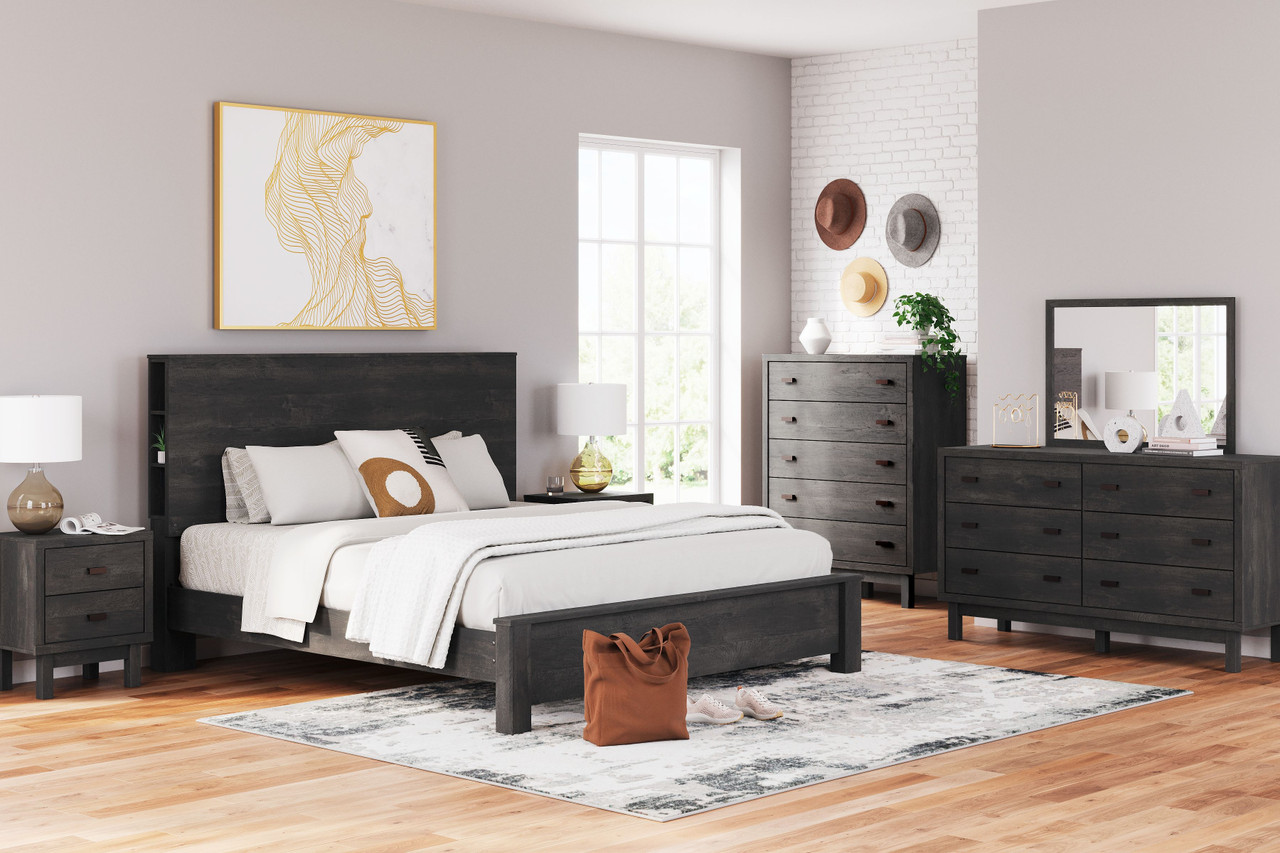 The Toretto Charcoal 7 Pc. Dresser, Mirror, Chest, King Panel Bookcase Bed  available at Wier Furniture serving Lewistown, MT and surrounding areas.