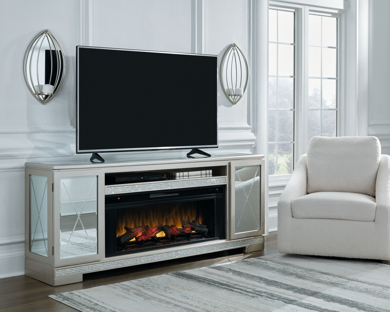 Flamory Silver 72'' TV Stand With Electric Infrared Fireplace Insert