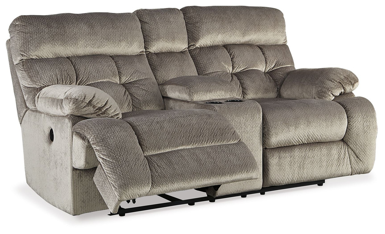 The Brassville Graystone Dbl Rec Pwr Loveseat W Console available at Wier Furniture serving Lewistown MT and surrounding areas