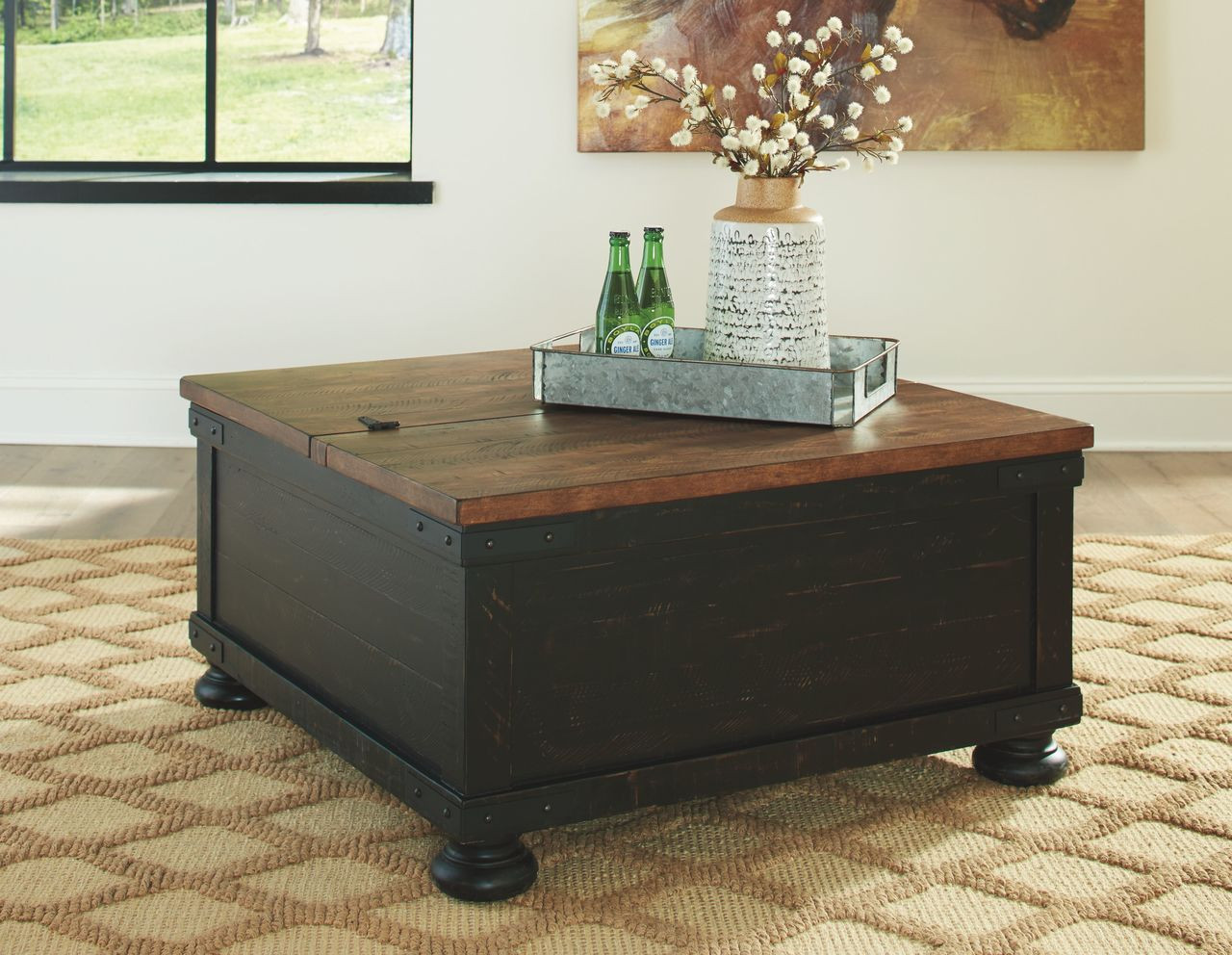 The Valebeck Black Brown Square Lift Top Cocktail Table Available